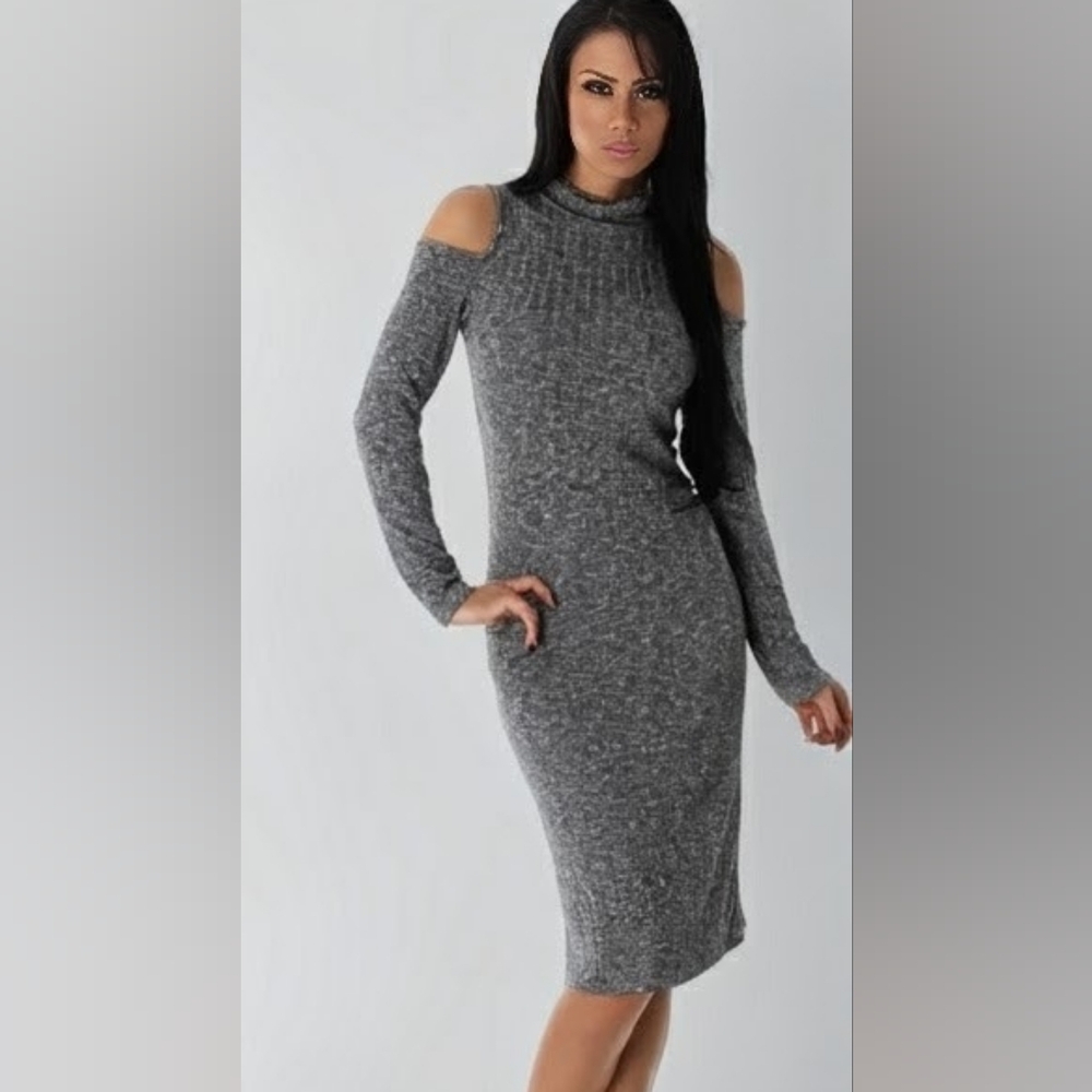 Derek Heart Charcoal Gray Cowl Neck Cold Shoulder Knit Dress